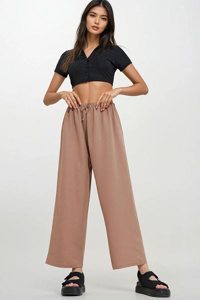 Trend Alaçatı Stili Camel Colored Women's Trousers - Elastic Waist, Wide Leg, Flowy Woven ALC-X11883