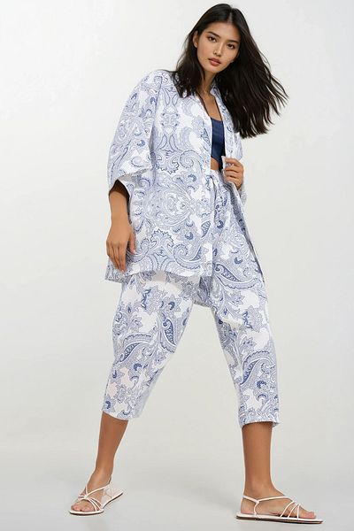 Trend Alaçatı Stili Women's Indigo Patterned Kimono Jacket and Pants Linen Woven Bottom Top Set Alc-X11752