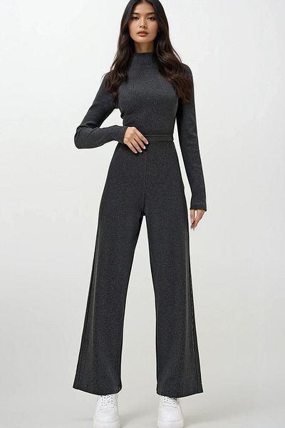 Trend Alaçatı Stili Women Anthracite Stand Collar Camisole Crop Blouse and Pants Suit Alc-X13058