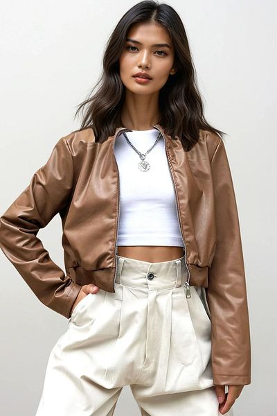 Trend Alaçatı Stili Tan Faux Leather Bomber Bomber Dámská bunda - Stojánek Alc-X12751