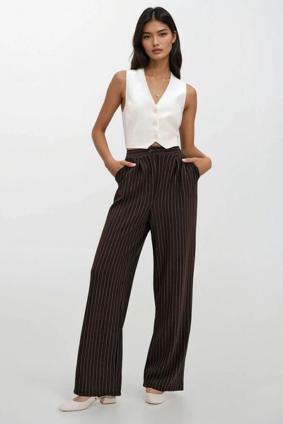 Trend Alaçatı Stili Bitterbraun gestreifte Palazzo-Hose für Damen - Doppeltasche Alc-X12662