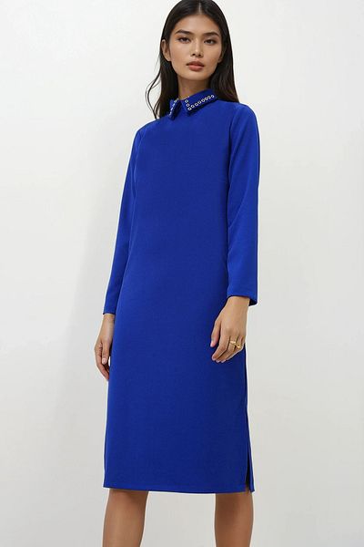Trend Alaçatı Stili Saks Colorful Bird Detailed Slit Crepe φόρεμα - πουκάμισο γιακά ALC-X12869