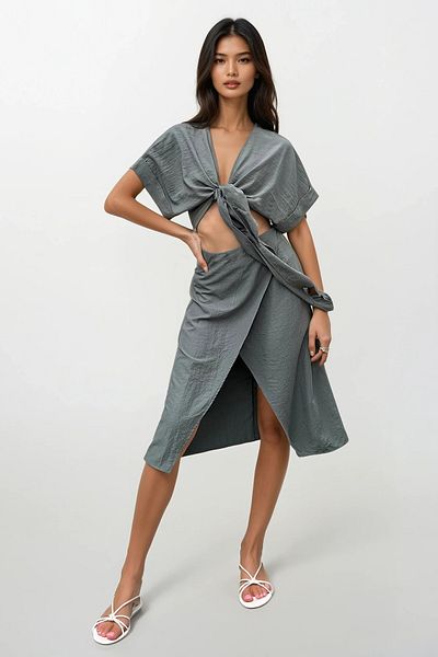 Trend Alaçatı Stili Women's Green Tied Crop Aerobin Linen Blouse and Wrap Skirt Set ALC-X12148