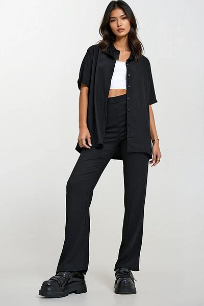 Trend Alaçatı Stili Women's Black Boy Friend Shirt and High Waist Trousers Wrap Suit ALC-X12227