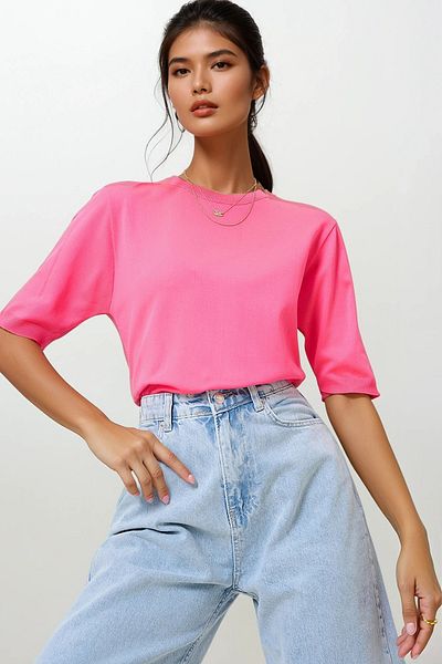 Trend Alaçatı Stili Φούξια πλεκτά μπλούζα με μισό μανίκι - Crew Neck, ALC-X12504