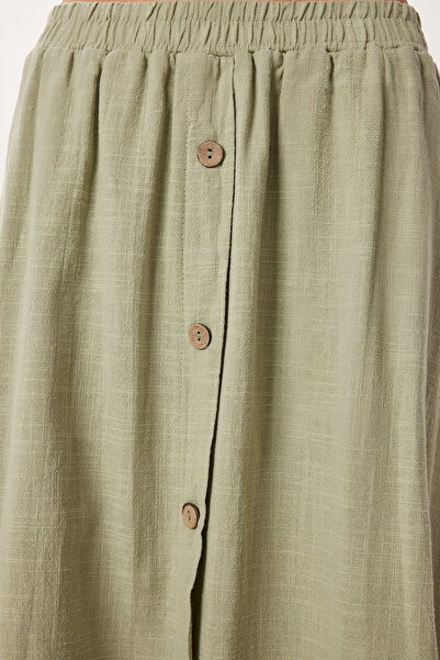 Happiness İstanbul Γυναικεία πράσινη λινή φούστα με λεπτομέρεια με κουμπιά BV00139