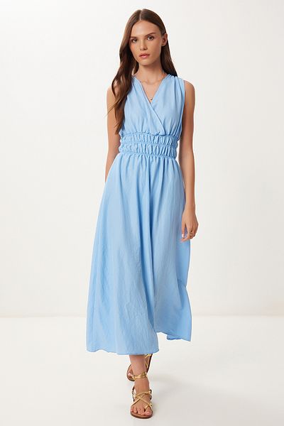 Happiness İstanbul Rochie midi țesută cu guler înfășurat albastru pentru femei BV00159