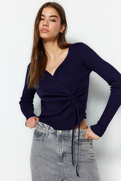 Trendyol Collection Navy Blue Double Breasted Gather Detailed Knitwear Sweater Twoaw23Kz00828