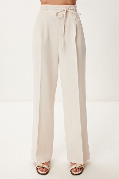 Happiness İstanbul Női krémszínű vászon Crop blúz nadrág szett BV00138