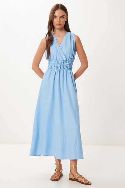 Happiness İstanbul Rochie midi țesută cu guler înfășurat albastru pentru femei BV00159