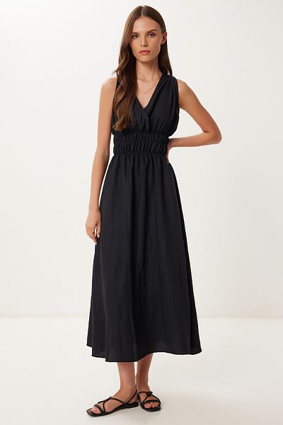 Happiness İstanbul Women's Black Wrap Collar Midi Woven Dress Bv00159