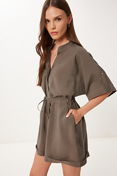 Happiness İstanbul Dámský khaki krátký modální overal s kapsami BV00153