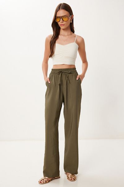Happiness İstanbul Women's Khaki Wide Leg Summer Modal Trousers Bv00157