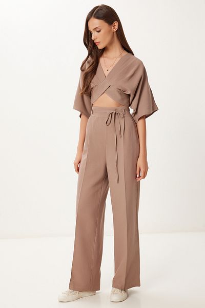Happiness İstanbul Women's Mink Linen Crop Blouse Pants Set Bv00138