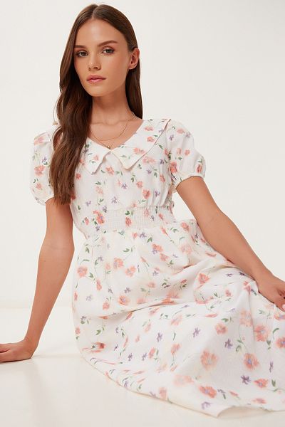 Happiness İstanbul Women's Ecru Floral Patterned Summer Midi Woven Dress Tp00103