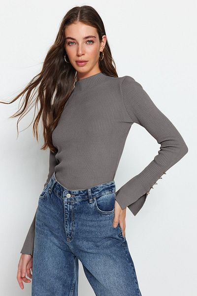 Trendyol Collection Anthracite Sleeve Button Detailed Knitwear Sweater Twoaw24Kz00309