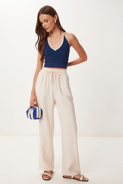 Happiness İstanbul Women's Cream Wide Leg Summer Modal Trousers Bv00157