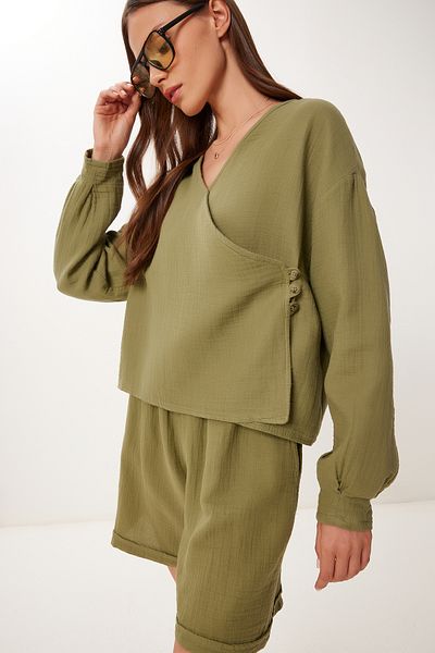 Happiness İstanbul Women's Khaki Muslin Blouse Shorts Set Bv00151