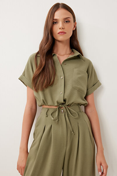 Happiness İstanbul Női Khaki vászon Crop ing nadrág szett BV00149