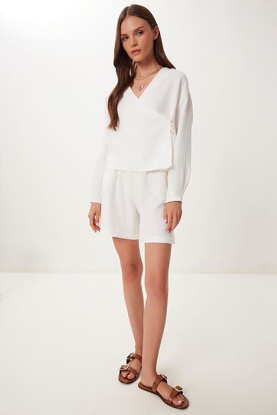 Happiness İstanbul Women's Ecru Muslin Blouse Shorts Set Bv00151