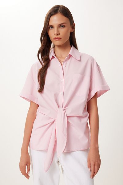 Happiness İstanbul Women's Pink Tie Detail Poplin Shirt Bv00140