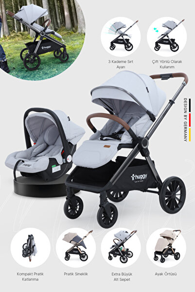 Huggy Mate 5 in 1 Extra Parlak Çift Yönlü Gri Travel Bebek Arabası