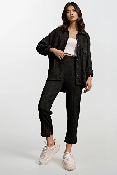 Trend Alaçatı Stili Γυναικείο Μαύρο Πόλο Κολάρο Διπλό Seersucker Κοστούμι ALC...