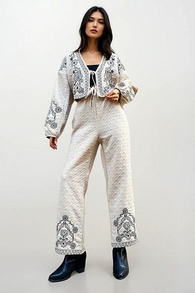 Trend Alaçatı Stili Cream Colored Ethnic Embroidered Women's Jacket and Trousers Set - Tied Textured Alc-X12722