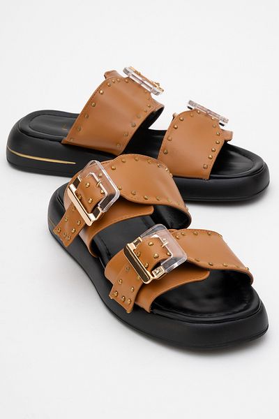 LuviShoes Γυναικείες παντόφλες με διαφανή πόρπη ZLEY Tan