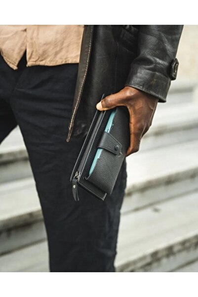 Fil Deri Genuine Leather Men's Wallet with Handle and Phone Compartment Long Black Color 2040