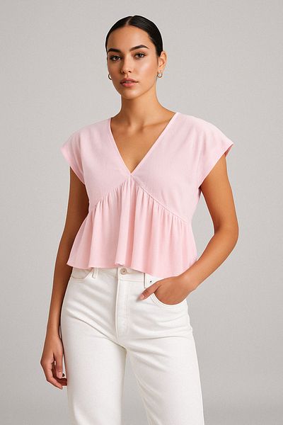 Trendyol Collection Pink V-Neck Flowy Woven Soft Button Blouse Twoss25Bz00582
