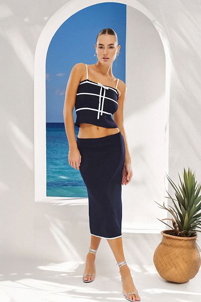 Trendyol Collection Navy Blue Striped Knitwear Blouse and Skirt Set - Ribbon Detail, Twoss25Au00063