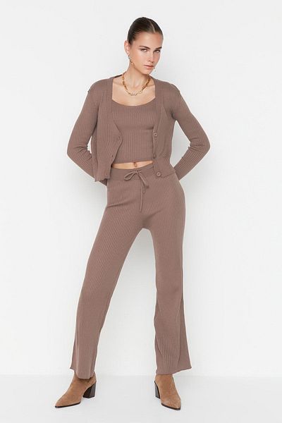 Trendyol Collection Mink Fitillli Blouse Cardigan Pants Knitwear Bottom-Top Set Twoaw22Au0006
