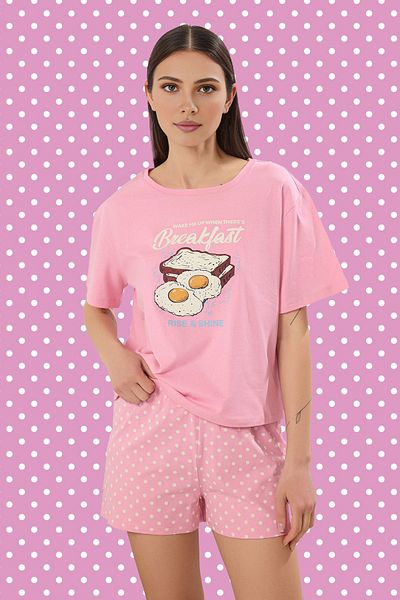 Trendyol Collection Pink Cotton Leisure Printed Knitted Pajamas Set with Shorts Thmss25Pt00361