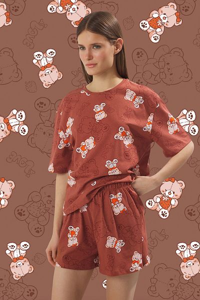 Trendyol Collection Braunes Teddybär-Shorts-Set aus 100 % gestrickter Baumwolle