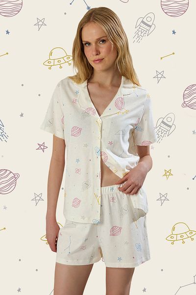 Trendyol Collection 100% Cotton Ecru Galaxy Pattern Shorts Pajamas Set Thmss25Pt00299