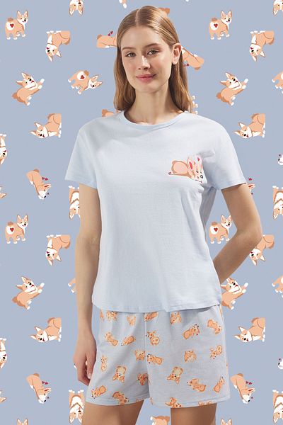 Trendyol Collection Set pijamale tricotate cu model animal albastru cu pantaloni scurți THMSS24PT00198