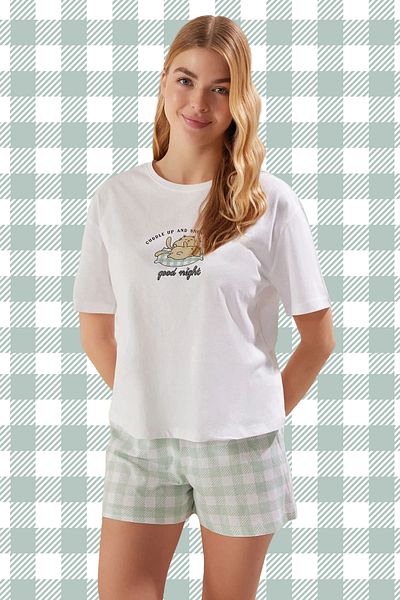 Trendyol Collection Μέντα καρό βαμβακερό πλεκτό σετ πιτζάμες - THMSS25PT00182