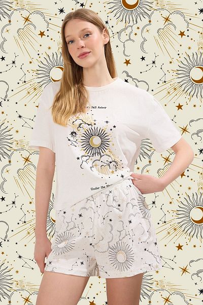 Trendyol Collection Galaxy Print Ecru Single Jersey Shorts Pajama Set - Thmss25Pt00337