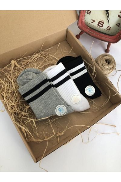 çorapdunyam Unisex Μαύρο Γκρι Λευκό Κάλτσες σειράς 3 τεμαχίων Mt3345