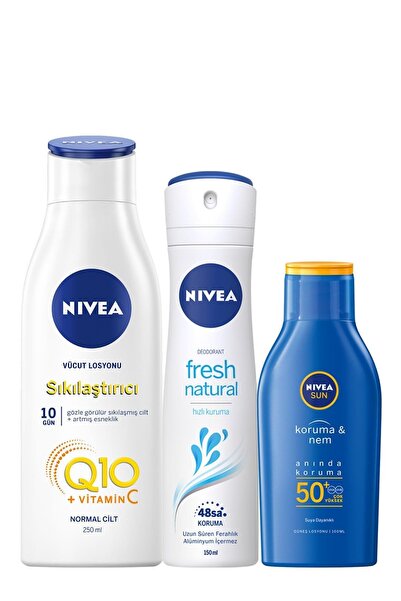 NIVEA Q10 Sıkılaştırıcı Vücut Losyonu 250 ml Ve Fresh Kadın Sprey Ve Güneş Lo...
