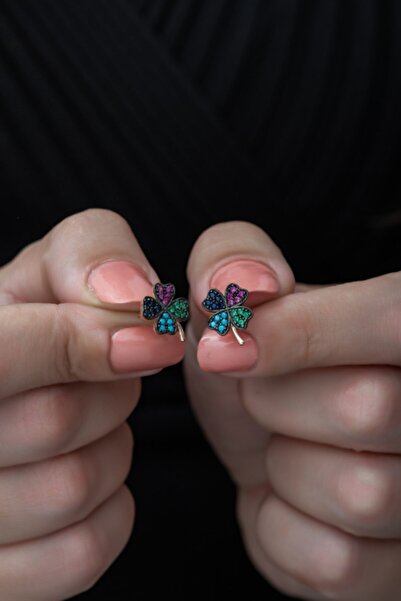 Nereze Kadın 925 Ayar Mix Taşlı Yonca Küpe Gümüş Küpe