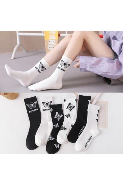çorapmanya 6 Çift Kelebekli Siyah Beyaz Pamuklu Kolej Tenis Çorabı