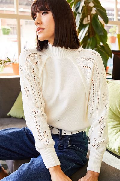 Olalook Ecrufarbener Strickpullover mit Fledermausärmeln für Damen KZK-19000248
