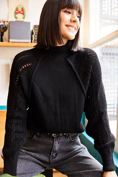 Olalook Schwarzer Strickpullover mit Fledermausärmeln für Damen KZK-19000248