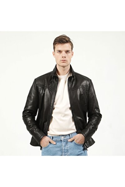 Dericlub Erkek Siyah Jumbo Gerçek Deri Mont