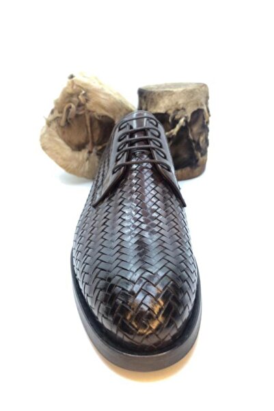 VEYİS USTA Чоловічі класичні черевики з шнурівкою та візерунком з плетіння з темно-синьої шкіри