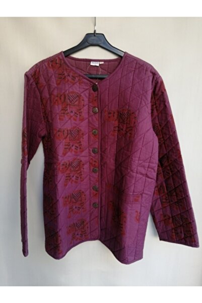 Butik Tülin Kadın Otantik Pamuk Bordo Fil Baskılı Kapitone Düğmeli Ceket Hint...
