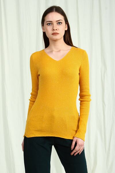 Collezione Safran V Yaka Fitilli Uzun Kollu Kadın Basic Kazak