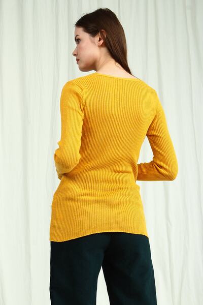 Collezione Safran V Yaka Fitilli Uzun Kollu Kadın Basic Kazak